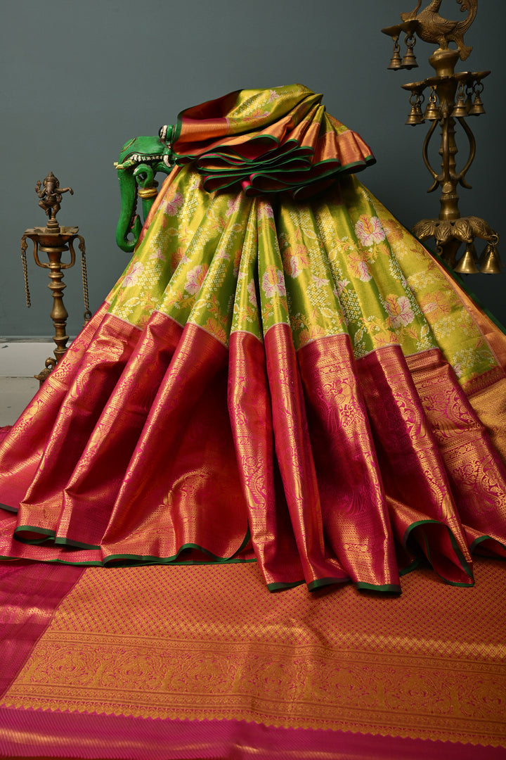 Parrot Green Pure Kanjivaram Tissue Silk Saree with Meenakari Floral Brocade and Wide Zari Border | SILK MARK CERTIFIED | SHOBITAM