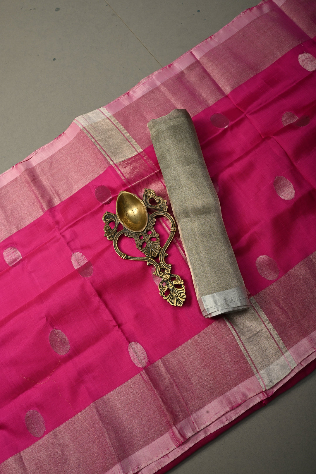 Fushia Pink Uppada Handloom Silk Saree with Silver Polka Dots and Tissue Border | SILK MARK CERTIFIED | SHOBITAM