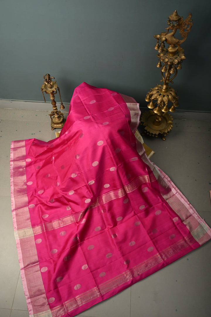 Fushia Pink Uppada Handloom Silk Saree with Silver Polka Dots and Tissue Border | SILK MARK CERTIFIED | SHOBITAM