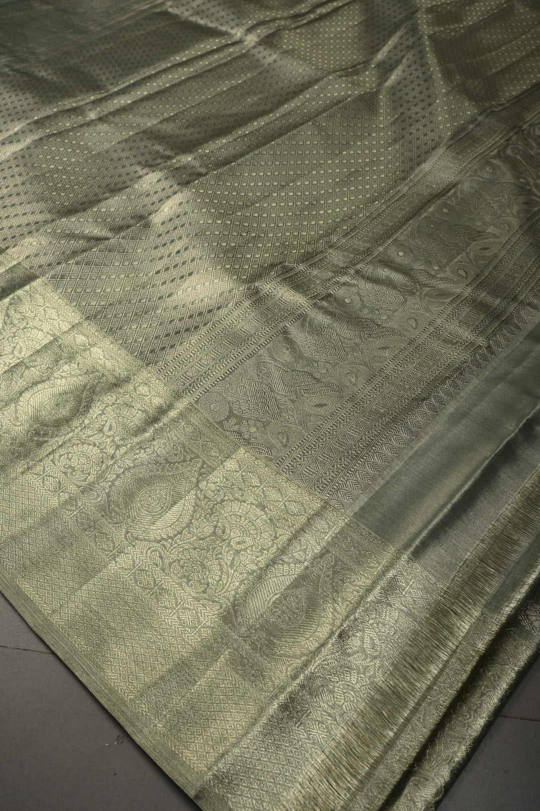 Pastel Green Pure Kanjivaram Tissue Silk Saree with Silver Zari Floral Brocade Jaal and Zari Border | SILK MARK CERTIFIED | SHOBITAM
