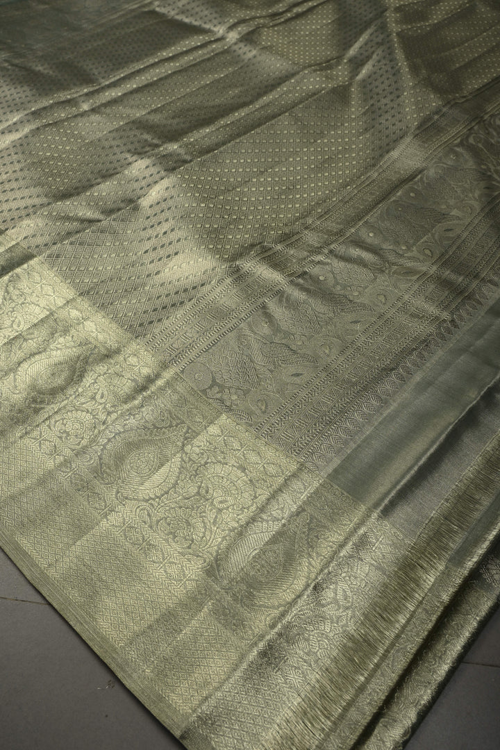 Pastel Green Pure Kanjivaram Tissue Silk Saree with Silver Zari Floral Brocade Jaal and Zari Border | SILK MARK CERTIFIED | SHOBITAM