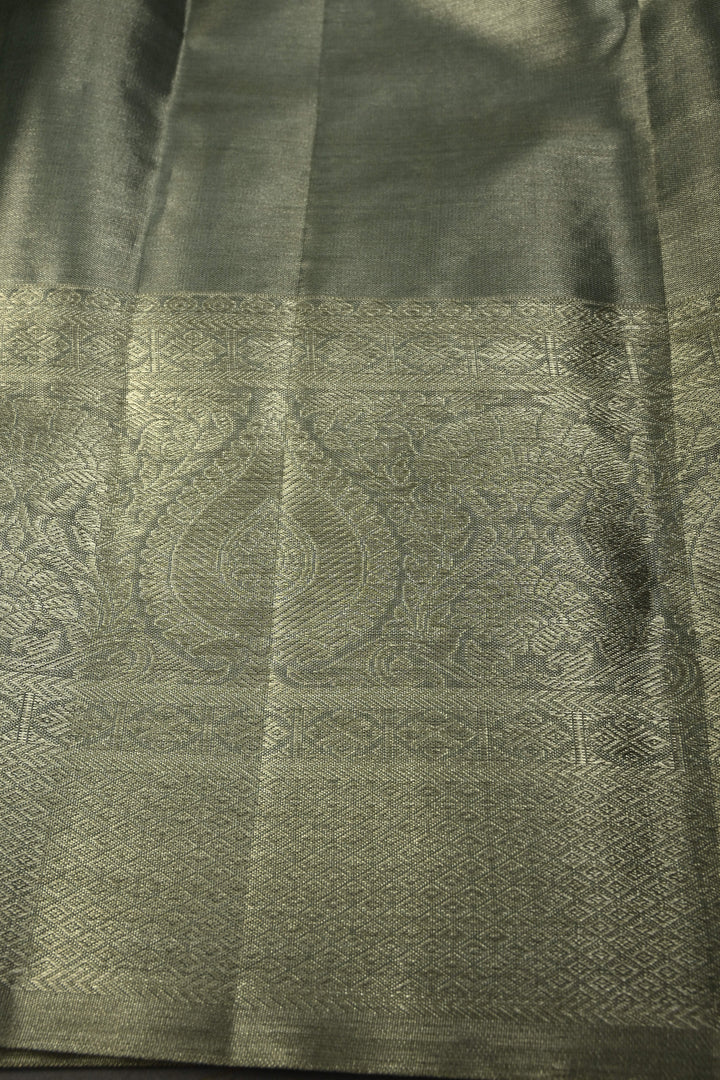 Pastel Green Pure Kanjivaram Tissue Silk Saree with Silver Zari Floral Brocade Jaal and Zari Border | SILK MARK CERTIFIED | SHOBITAM