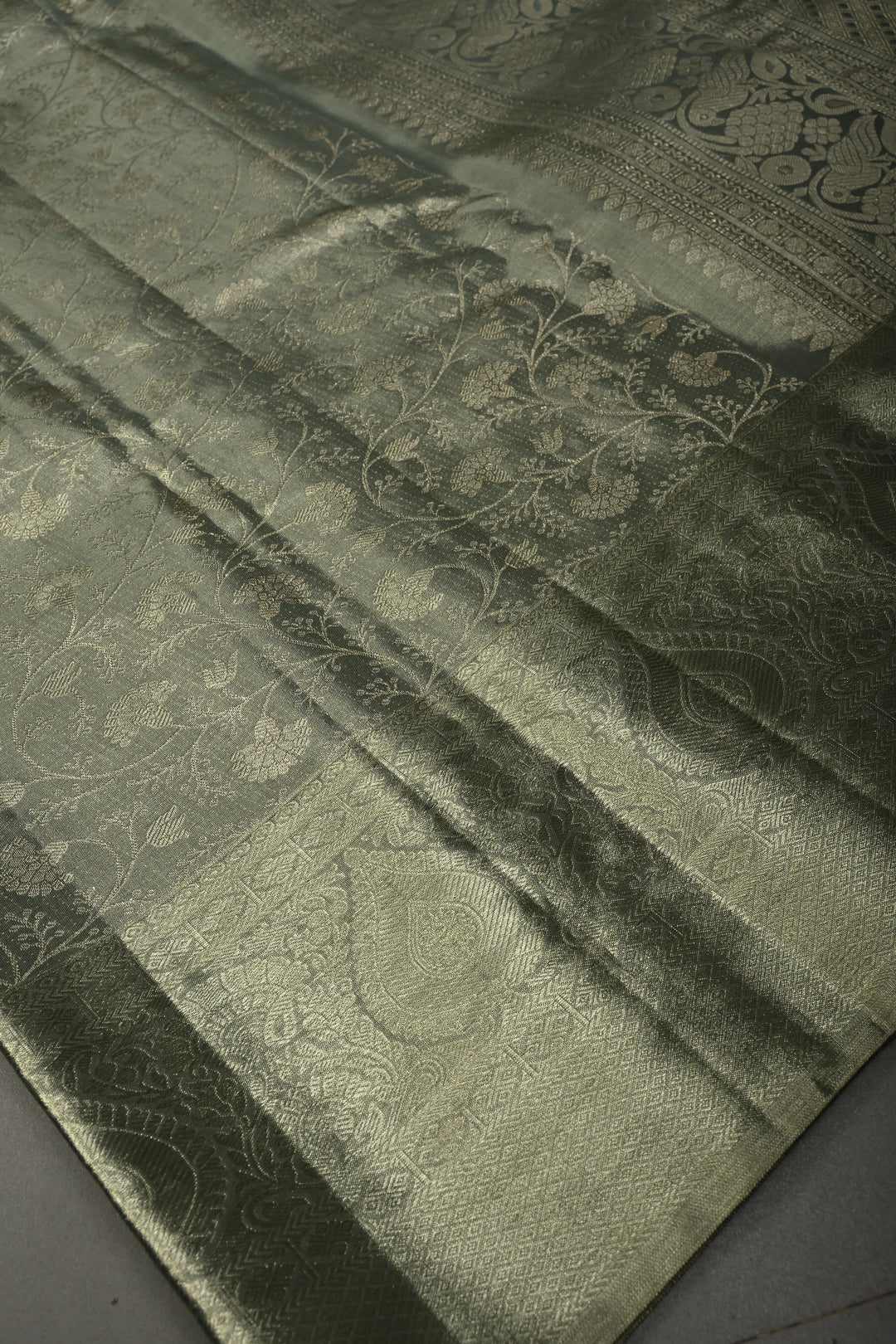 Pastel Green Pure Kanjivaram Tissue Silk Saree with Silver Zari Floral Brocade Jaal and Zari Border | SILK MARK CERTIFIED | SHOBITAM