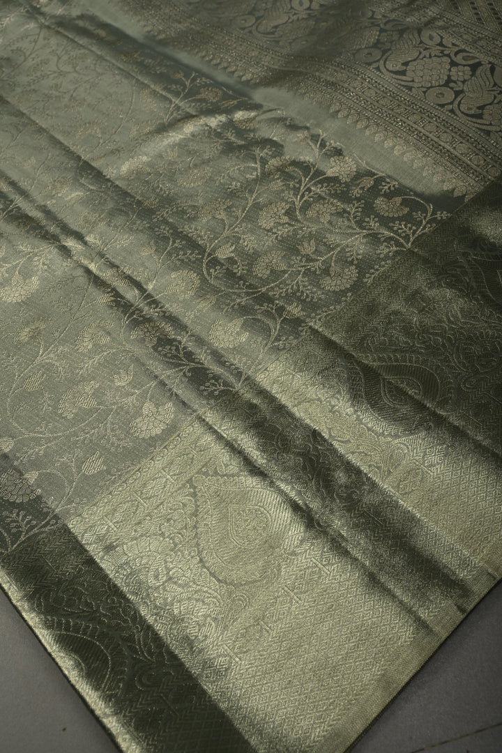 Pastel Green Pure Kanjivaram Tissue Silk Saree with Silver Zari Floral Brocade Jaal and Zari Border | SILK MARK CERTIFIED | SHOBITAM