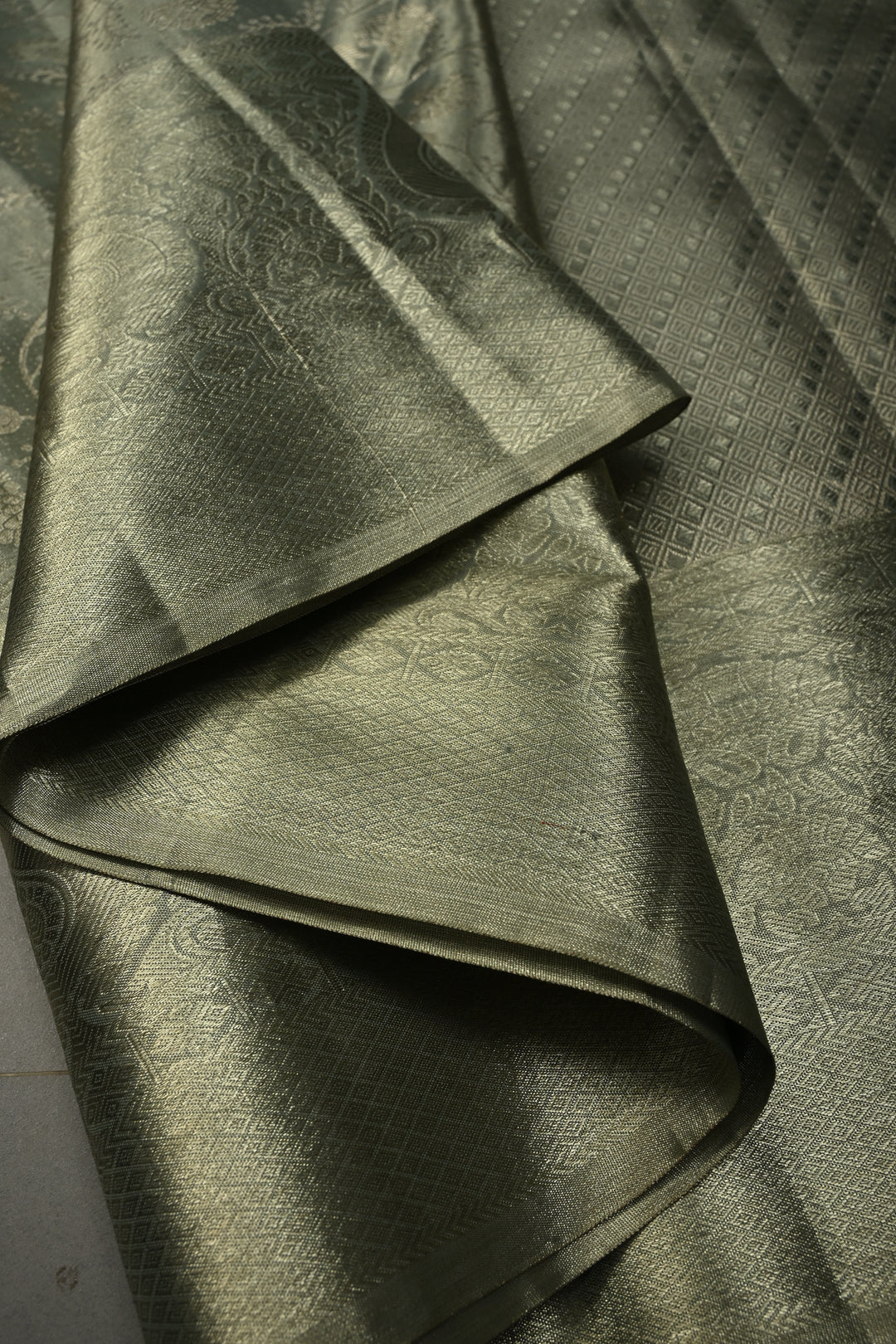 Pastel Green Pure Kanjivaram Tissue Silk Saree with Silver Zari Floral Brocade Jaal and Zari Border | SILK MARK CERTIFIED | SHOBITAM