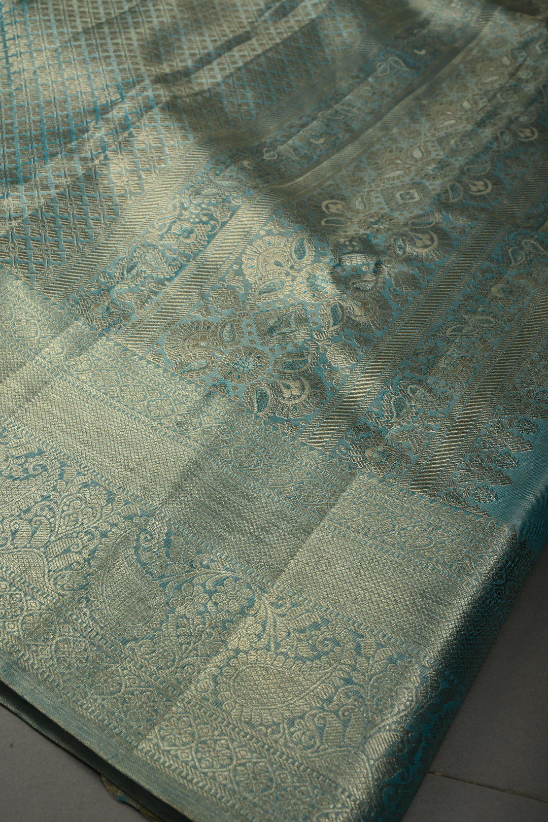 Frost Blue Pure Kanjivaram Tissue Silk Saree with Vanasigaram Brocade Jaal and Zari Border | SILK MARK CERTIFIED | SHOBITAM