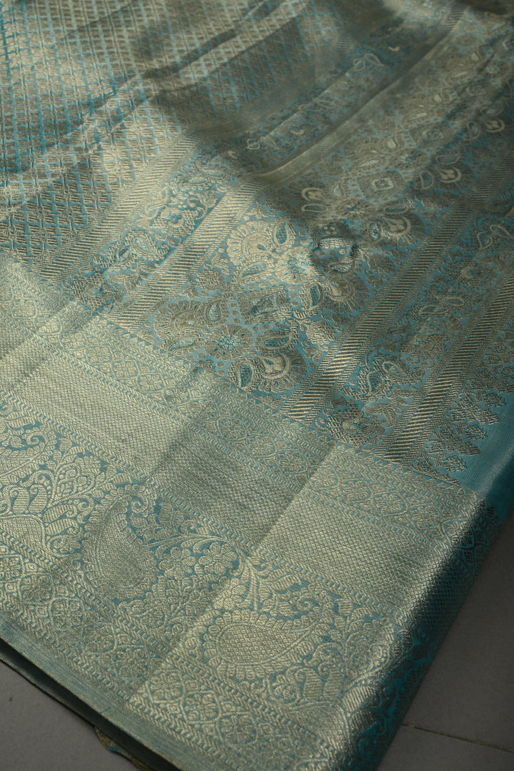 Frost Blue Pure Kanjivaram Tissue Silk Saree with Vanasigaram Brocade Jaal and Zari Border | SILK MARK CERTIFIED | SHOBITAM