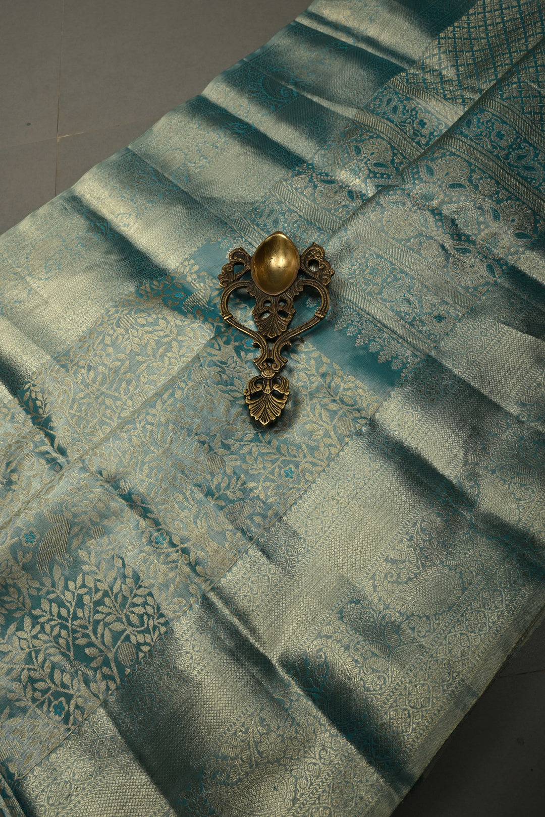 Frost Blue Pure Kanjivaram Tissue Silk Saree with Vanasigaram Brocade Jaal and Zari Border | SILK MARK CERTIFIED | SHOBITAM