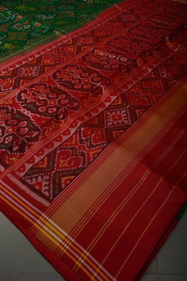 Emerald Green Single Ikkat Authentic Patan Patola Saree In Pure Silk Handloom | SILK MARK CERTIFIED | SHOBITAM
