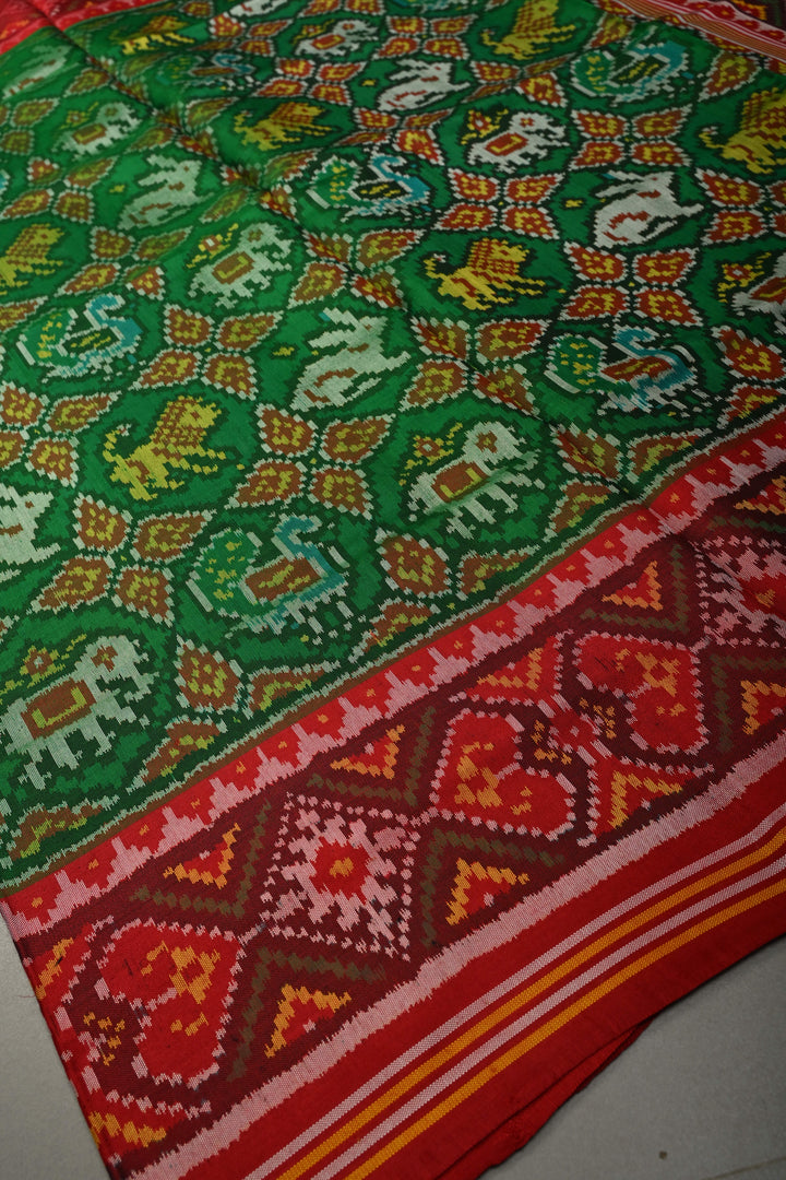 Emerald Green Single Ikkat Authentic Patan Patola Saree In Pure Silk Handloom | SILK MARK CERTIFIED | SHOBITAM