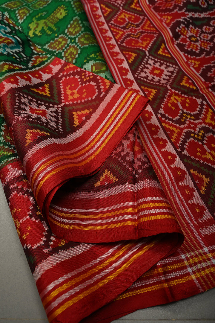 Emerald Green Single Ikkat Authentic Patan Patola Saree In Pure Silk Handloom | SILK MARK CERTIFIED | SHOBITAM