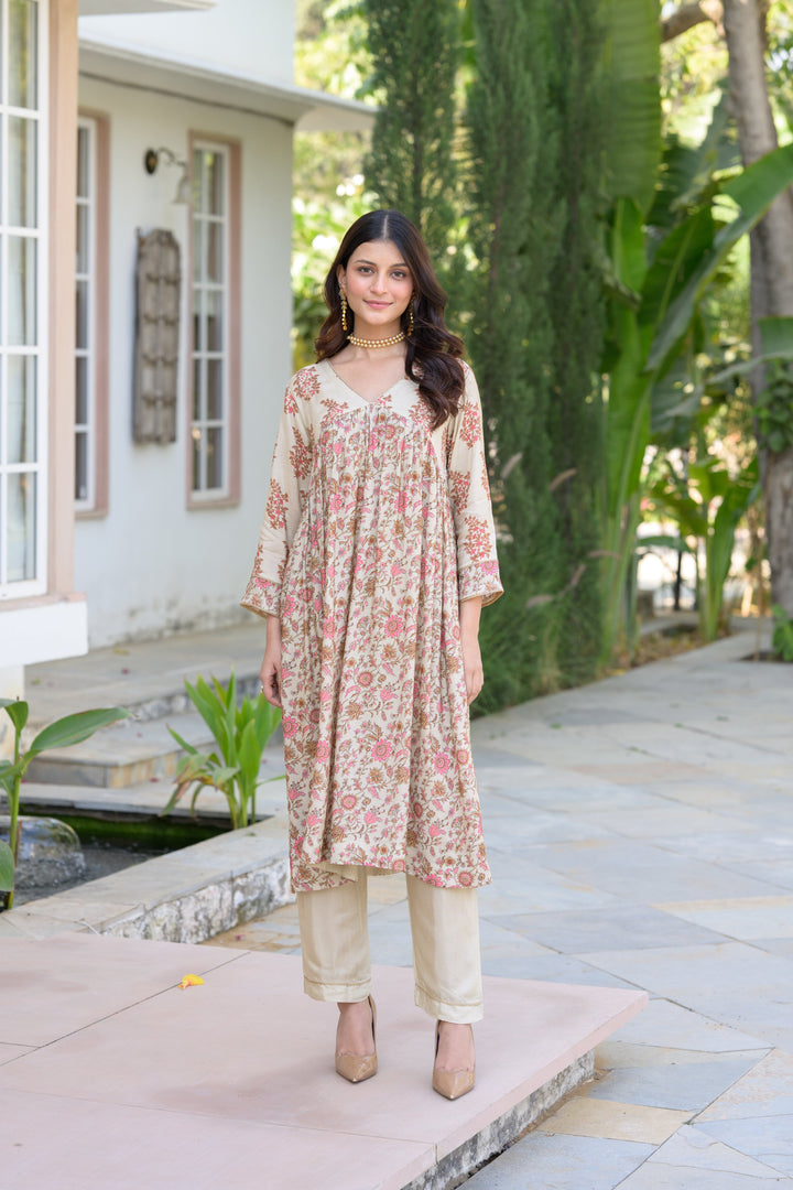 Beige With Pink Buti and Jaal Nyra cut Muslin Kurta Set - SET OF-2 | SHOBITAM