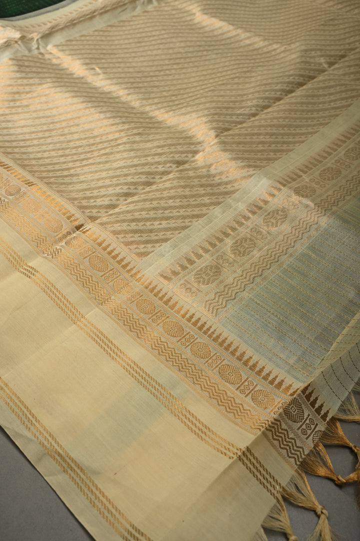 Forest Green Kanchi Silk Cotton Handloom Saree with Zari Checks Pattern and Contrast Zari Border | SHOBITAM