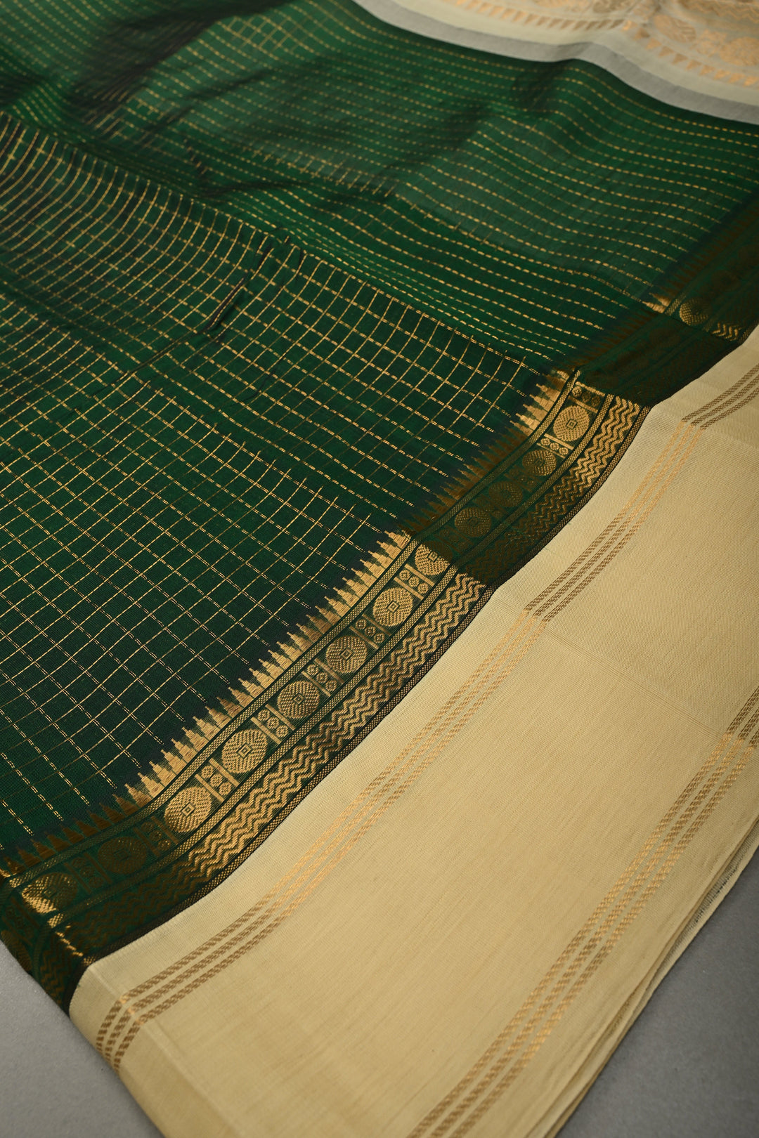 Forest Green Kanchi Silk Cotton Handloom Saree with Zari Checks Pattern and Contrast Zari Border | SHOBITAM