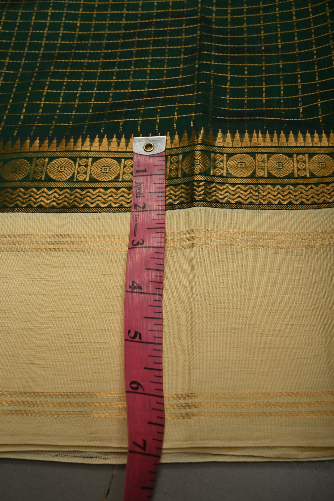Forest Green Kanchi Silk Cotton Handloom Saree with Zari Checks Pattern and Contrast Zari Border | SHOBITAM