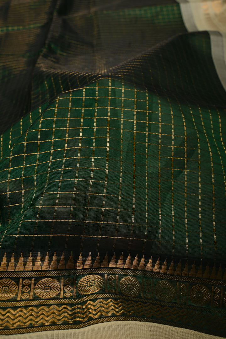 Forest Green Kanchi Silk Cotton Handloom Saree with Zari Checks Pattern and Contrast Zari Border | SHOBITAM