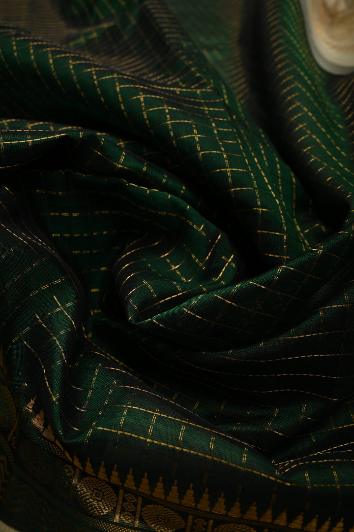 Forest Green Kanchi Silk Cotton Handloom Saree with Zari Checks Pattern and Contrast Zari Border | SHOBITAM