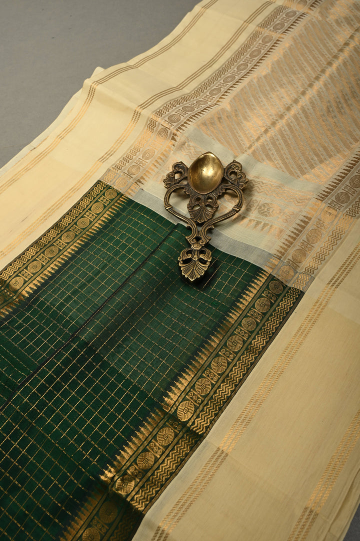 Forest Green Kanchi Silk Cotton Handloom Saree with Zari Checks Pattern and Contrast Zari Border | SHOBITAM