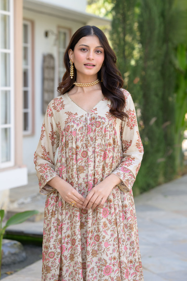 Beige With Pink Buti and Jaal Nyra cut Muslin Kurta Set - SET OF-2 | SHOBITAM