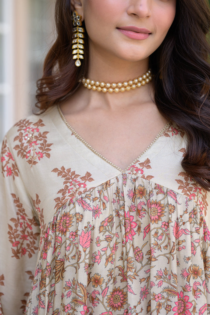 Beige With Pink Buti and Jaal Nyra cut Muslin Kurta Set - SET OF-2 | SHOBITAM