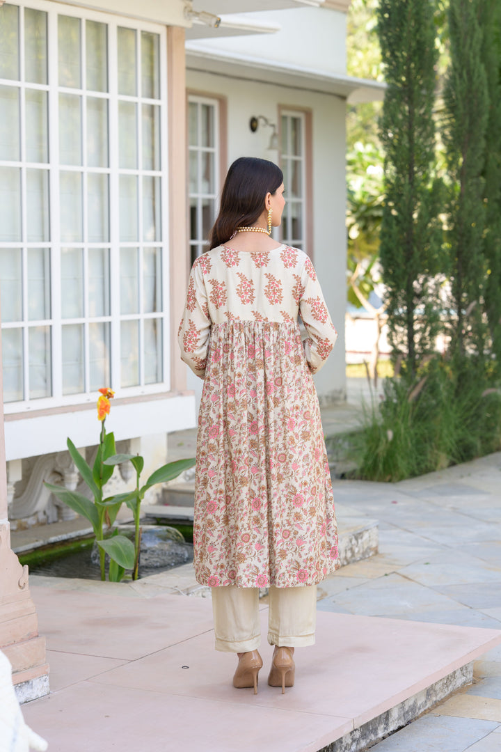 Beige With Pink Buti and Jaal Nyra cut Muslin Kurta Set - SET OF-2 | SHOBITAM
