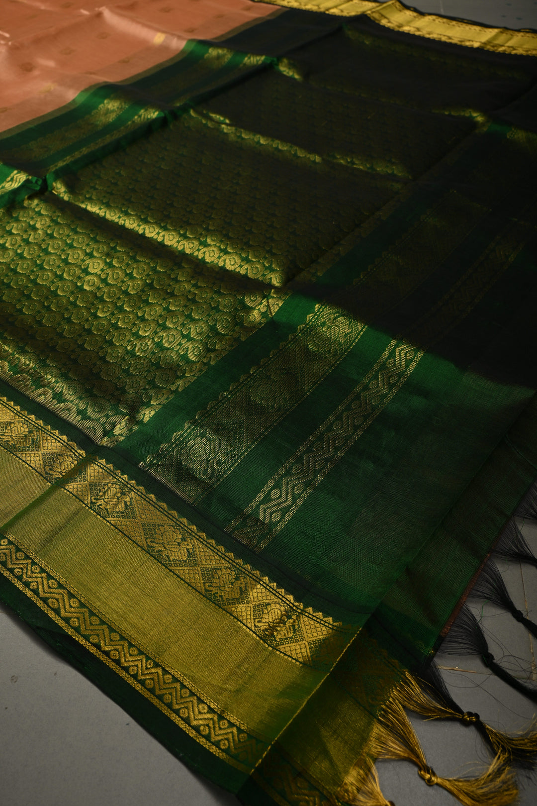 Peach Pink on Kanchi Silk Cotton Saree with Peacock Buttas and Contrast Zari Border | SHOBITAM