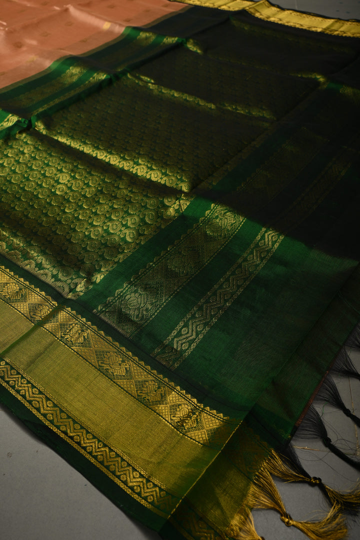 Peach Pink on Kanchi Silk Cotton Saree with Peacock Buttas and Contrast Zari Border | SHOBITAM