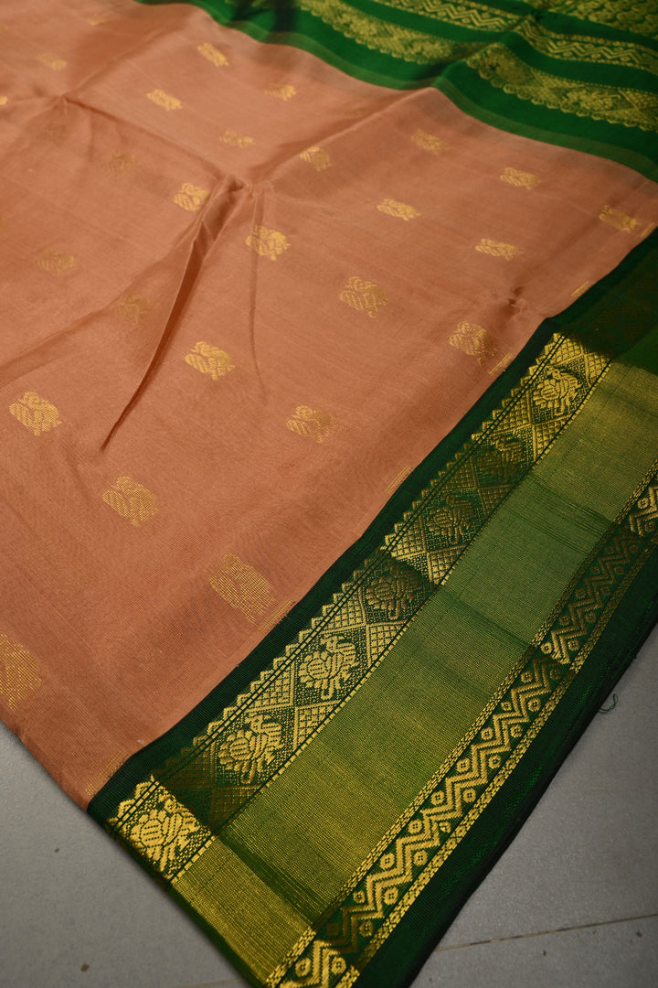 Peach Pink on Kanchi Silk Cotton Saree with Peacock Buttas and Contrast Zari Border | SHOBITAM