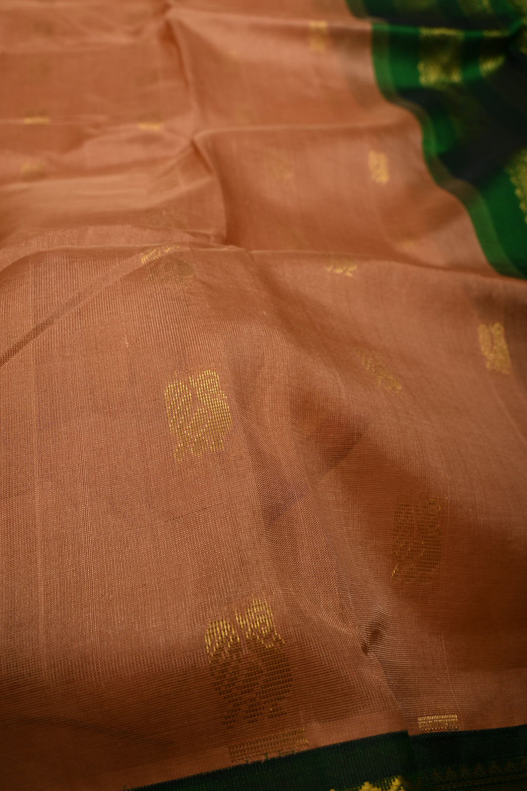 Peach Pink on Kanchi Silk Cotton Saree with Peacock Buttas and Contrast Zari Border | SHOBITAM