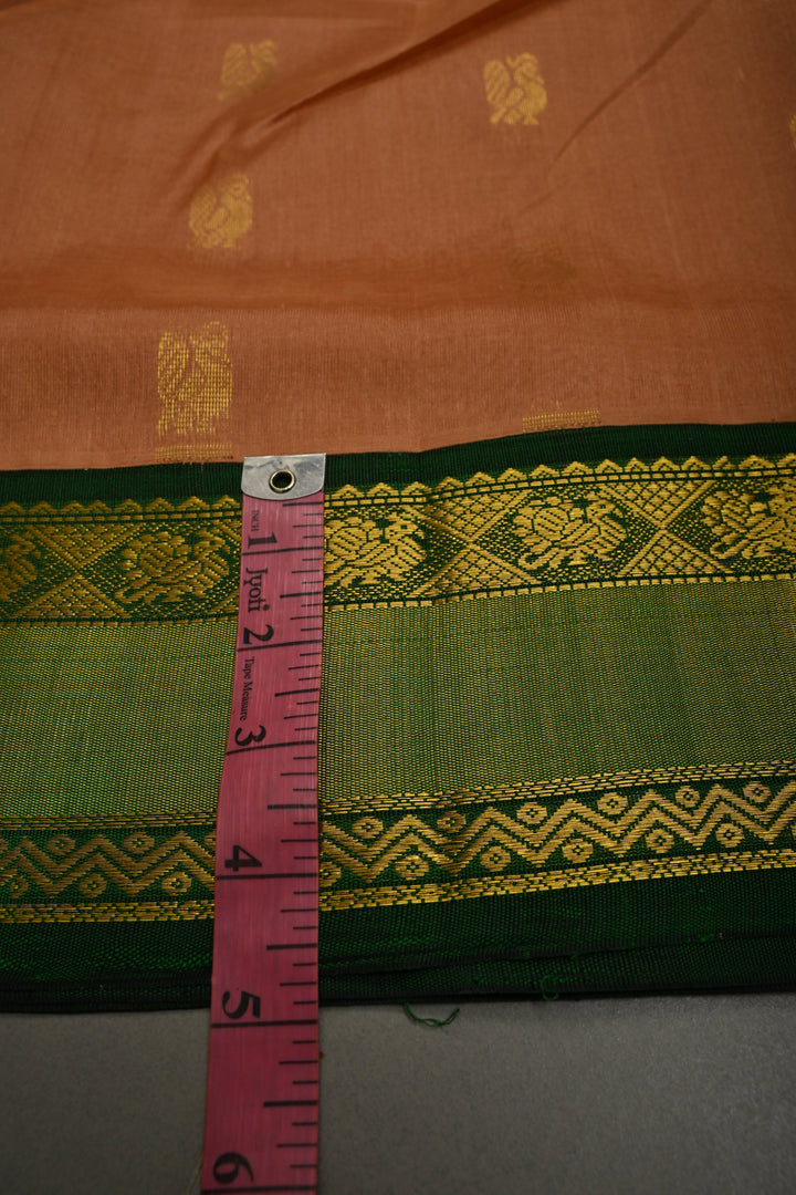 Peach Pink on Kanchi Silk Cotton Saree with Peacock Buttas and Contrast Zari Border | SHOBITAM