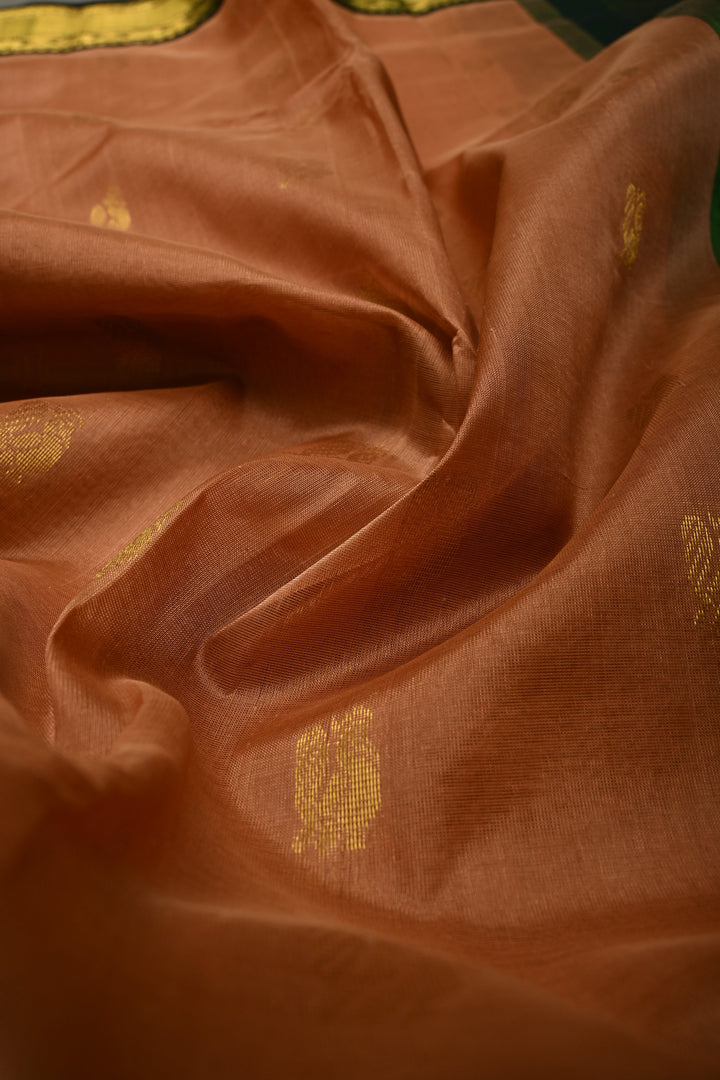 Peach Pink on Kanchi Silk Cotton Saree with Peacock Buttas and Contrast Zari Border | SHOBITAM