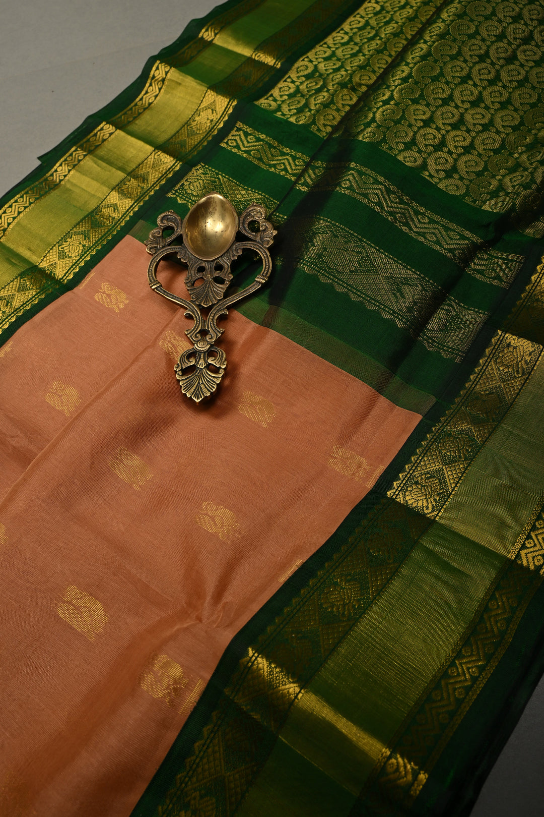 Peach Pink on Kanchi Silk Cotton Saree with Peacock Buttas and Contrast Zari Border | SHOBITAM