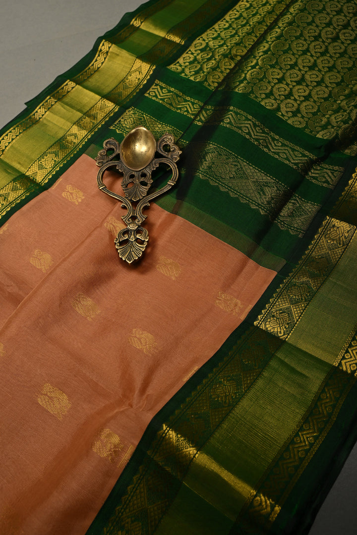 Peach Pink on Kanchi Silk Cotton Saree with Peacock Buttas and Contrast Zari Border | SHOBITAM