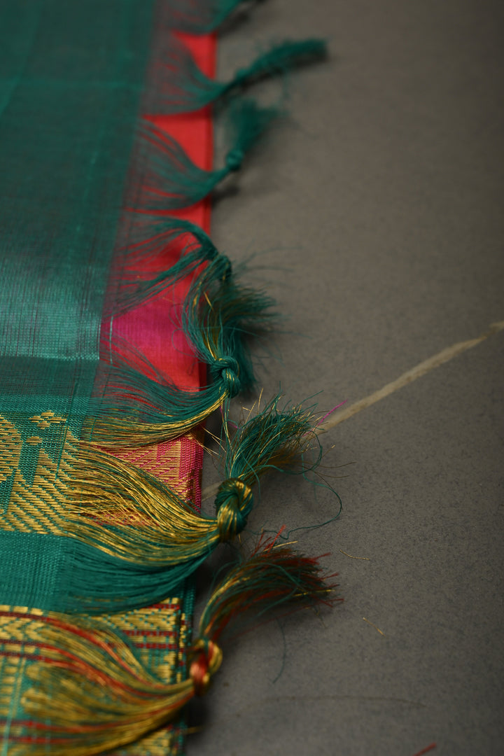 French Rose Kanchi Silk Cotton Handloom Saree with Contrast Zari Border and Pallu | SHOBITAM