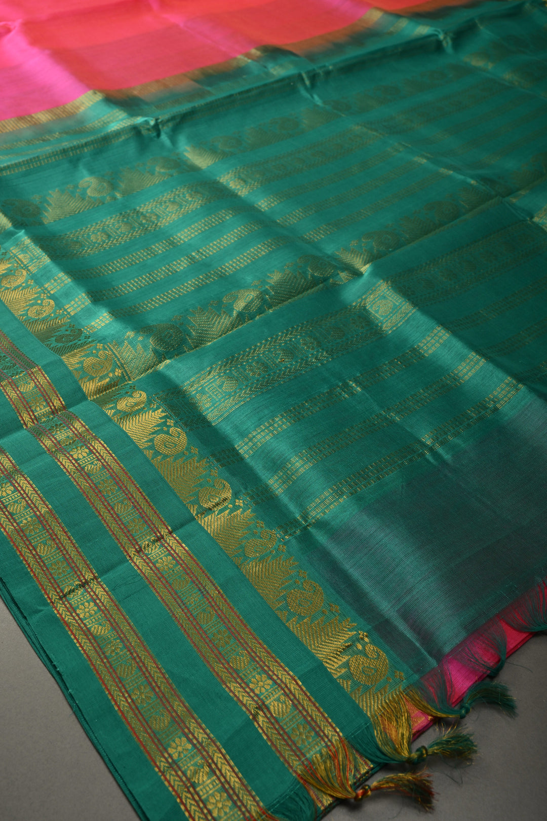 French Rose Kanchi Silk Cotton Handloom Saree with Contrast Zari Border and Pallu | SHOBITAM