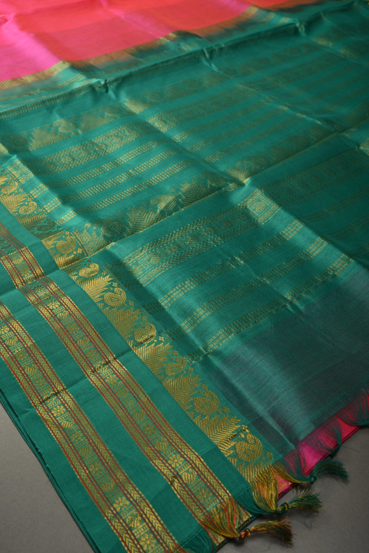 French Rose Kanchi Silk Cotton Handloom Saree with Contrast Zari Border and Pallu | SHOBITAM