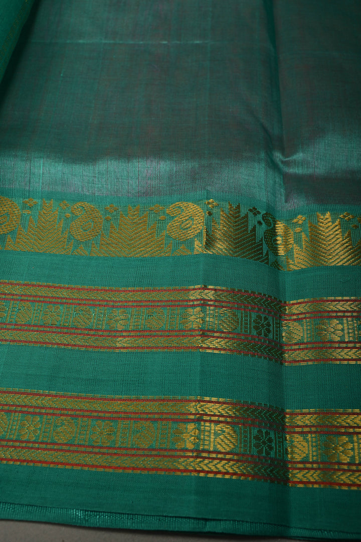French Rose Kanchi Silk Cotton Handloom Saree with Contrast Zari Border and Pallu | SHOBITAM