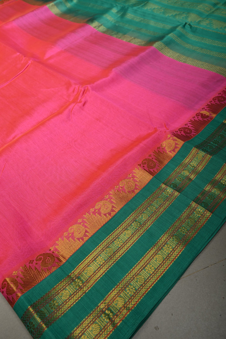 French Rose Kanchi Silk Cotton Handloom Saree with Contrast Zari Border and Pallu | SHOBITAM
