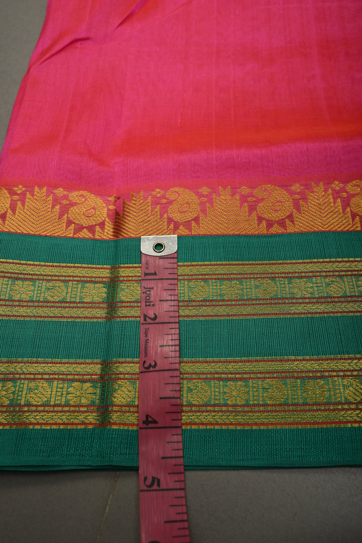 French Rose Kanchi Silk Cotton Handloom Saree with Contrast Zari Border and Pallu | SHOBITAM