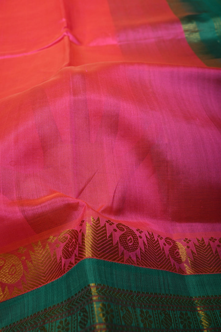 French Rose Kanchi Silk Cotton Handloom Saree with Contrast Zari Border and Pallu | SHOBITAM