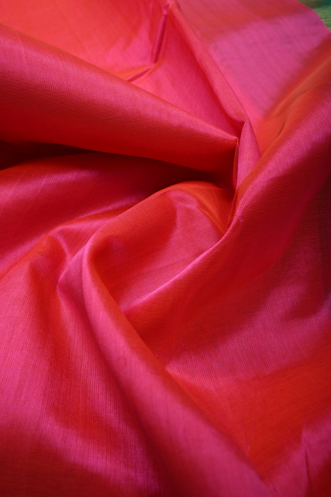 French Rose Kanchi Silk Cotton Handloom Saree with Contrast Zari Border and Pallu | SHOBITAM