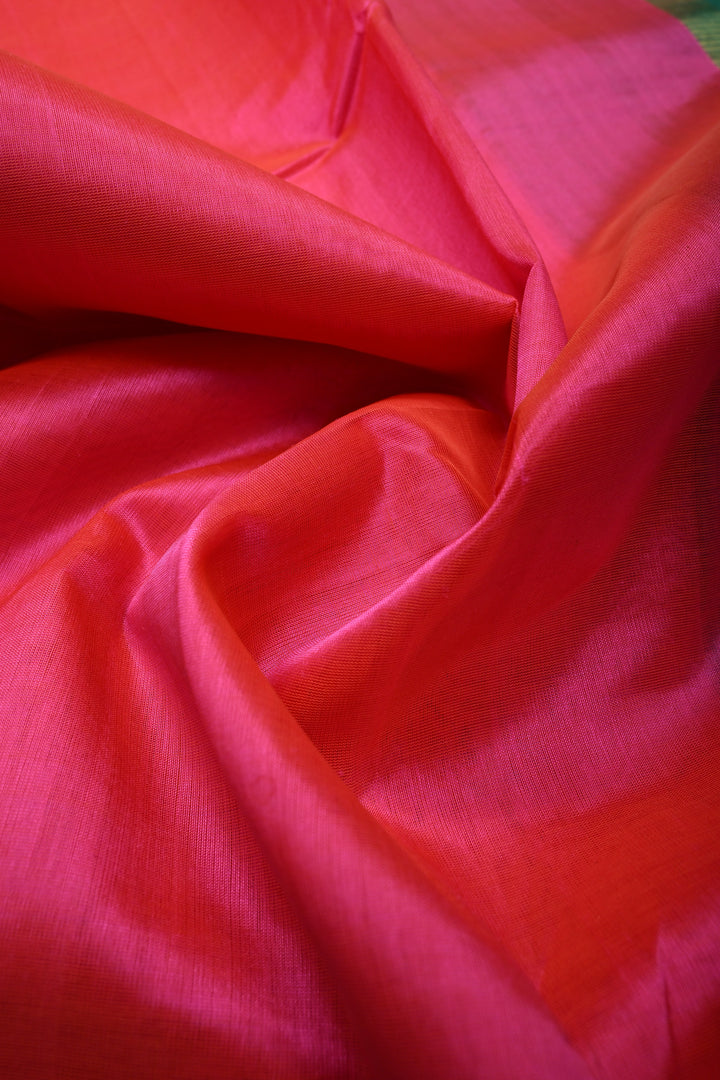 French Rose Kanchi Silk Cotton Handloom Saree with Contrast Zari Border and Pallu | SHOBITAM
