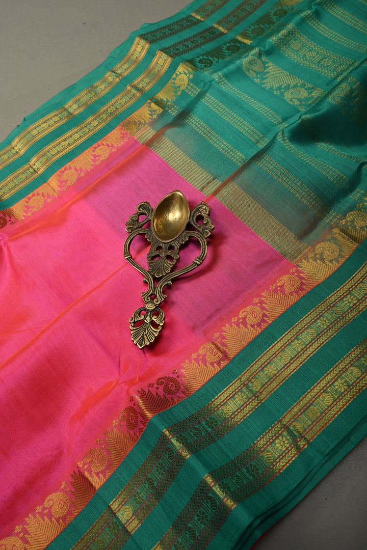 French Rose Kanchi Silk Cotton Handloom Saree with Contrast Zari Border and Pallu | SHOBITAM