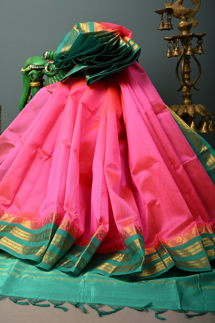 French Rose Kanchi Silk Cotton Handloom Saree with Contrast Zari Border and Pallu | SHOBITAM