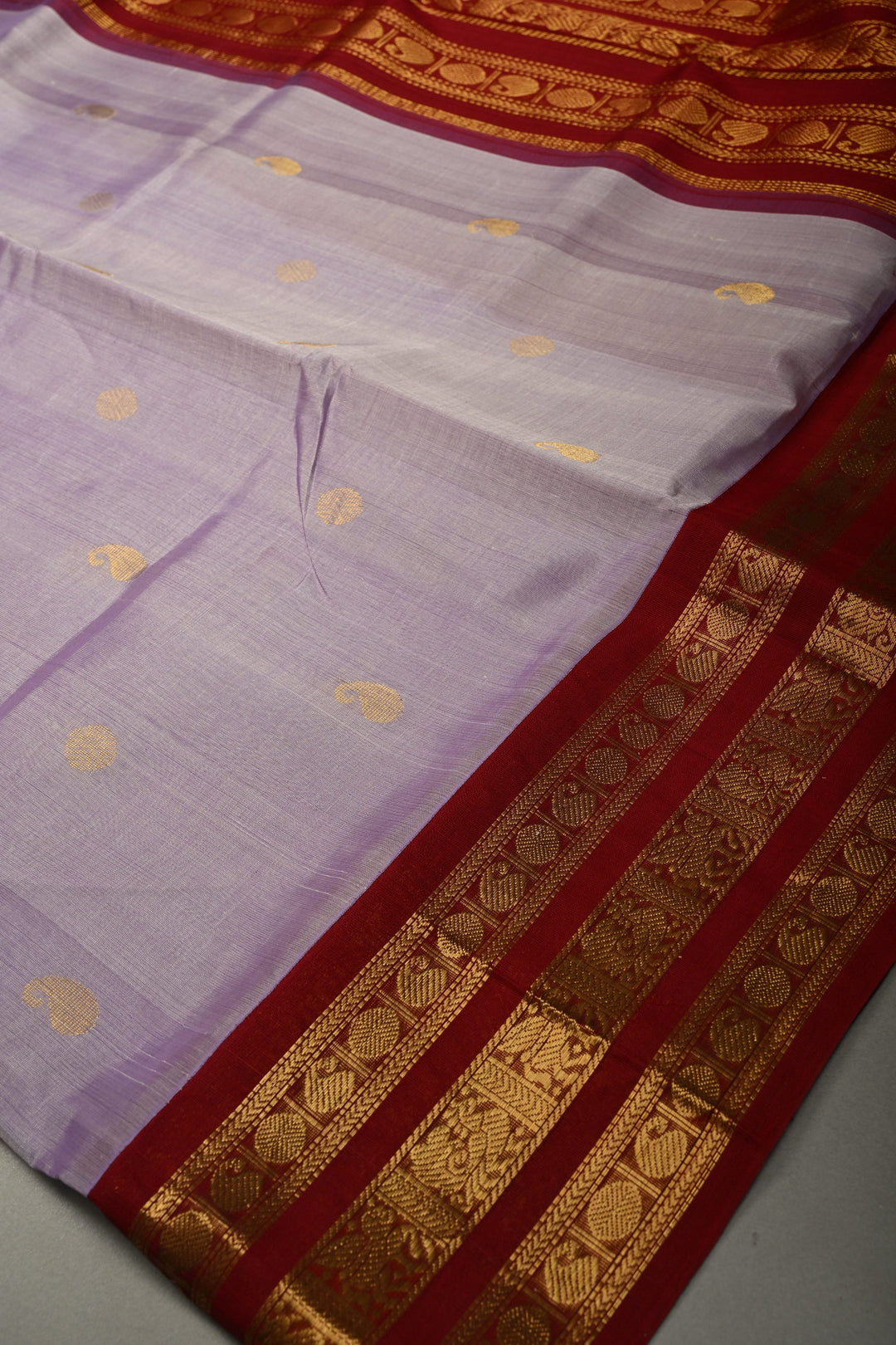 Dusty Amethyst Kanchi Silk Cotton Handloom Saree with Zari Buttas and Maroon Contrast Zari Border