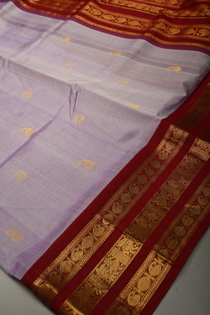 Dusty Amethyst Kanchi Silk Cotton Handloom Saree with Zari Buttas and Maroon Contrast Zari Border
