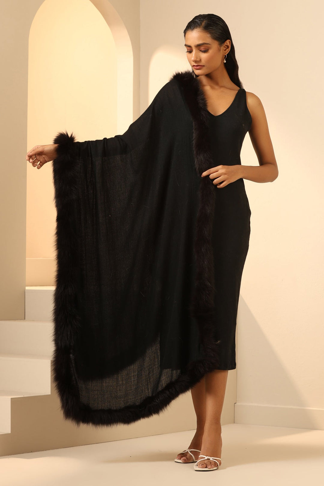 Black Cashmere Faux Fur Stole
