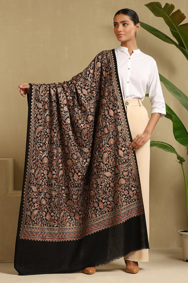 Black Cashmere Fine Wool Aari Floral embroidery Shawl 80 x 40