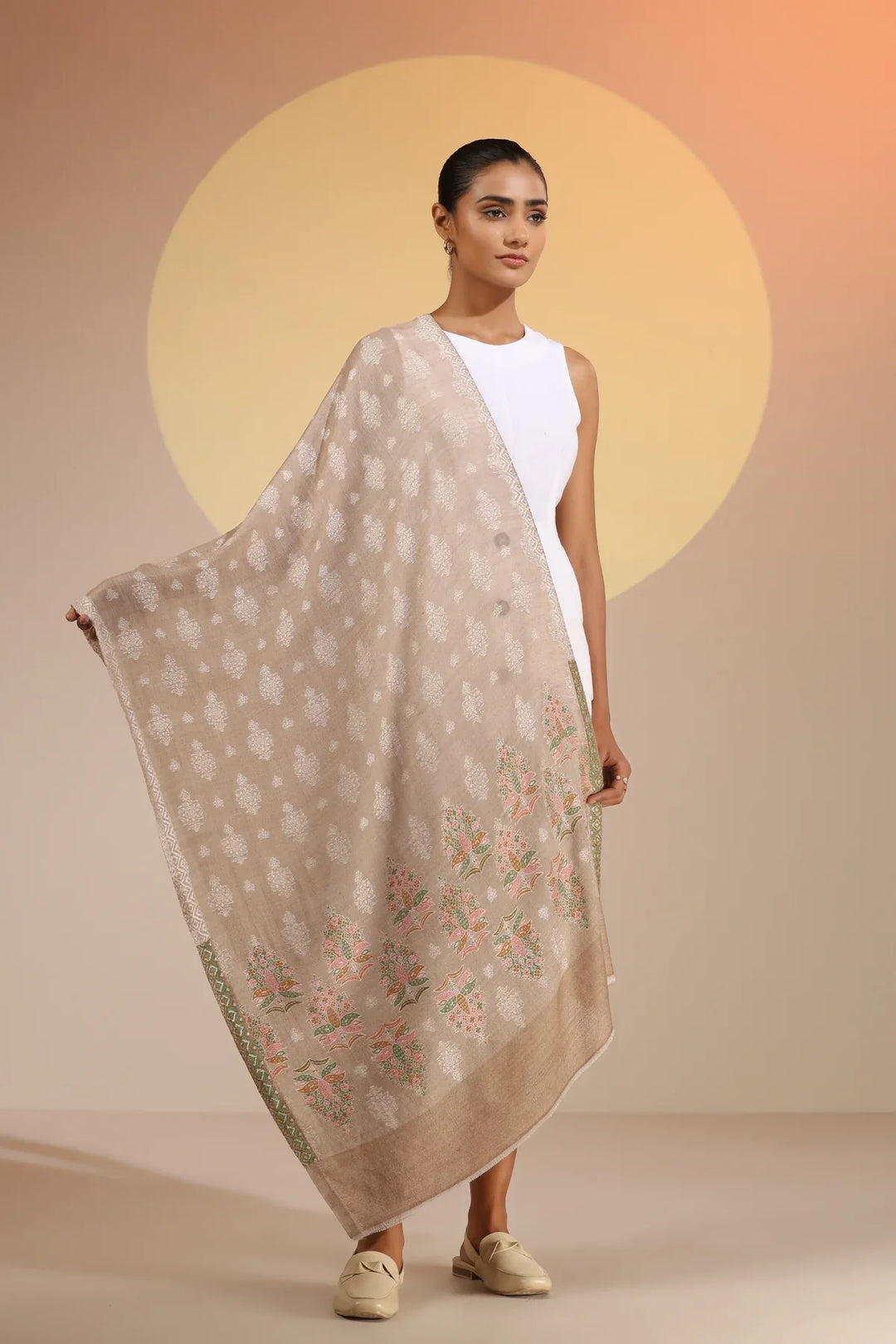 Beige Gifta Cashmere Fine Wool Stole, 28x80