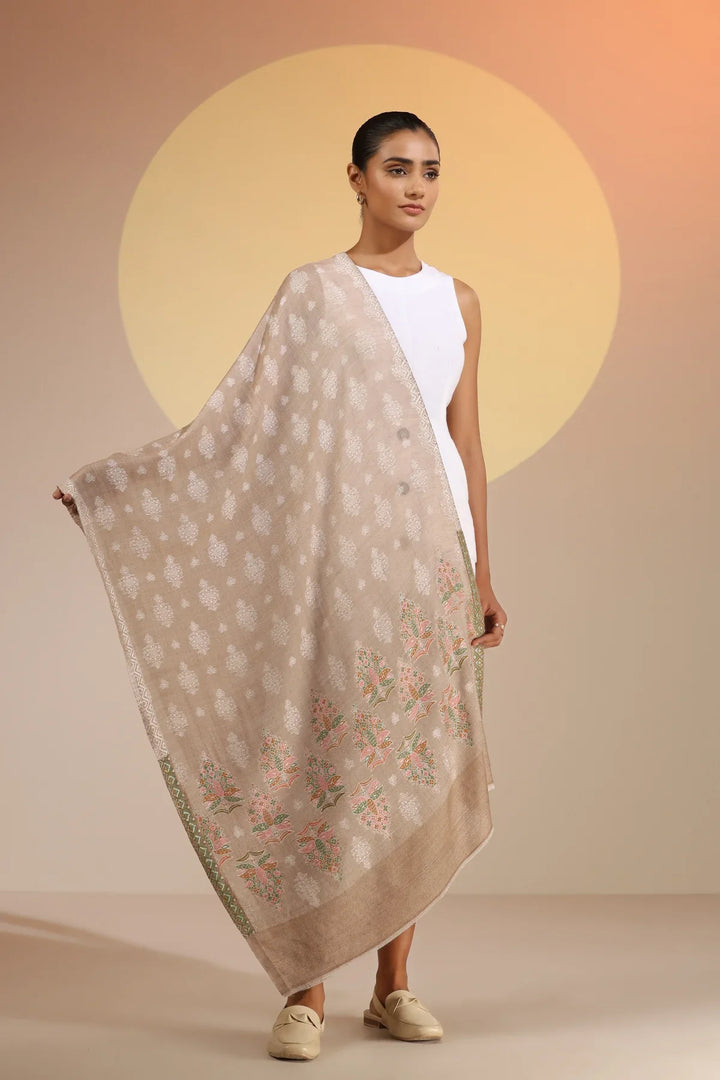 Beige Gifta Cashmere Fine Wool Stole, 28x80